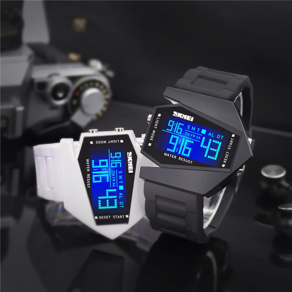 Gosasa Men Sports Military Watches Digital Airplane Shaped LED Colorful Light Watches (Black) (Black)