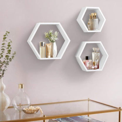 ZGZD Set of 3 White Wooden Hexagon Wall Shelves - Modern Decorative Storage for Home, Kitchen, Office Stylish Floating Shelves for Small Plants, Books, and Decor