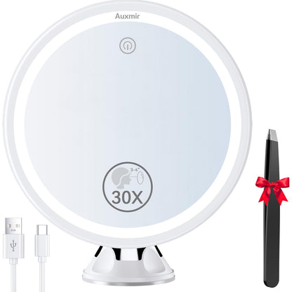 Auxmir 2025 Upgraded 30X Magnifying Mirror with Light, Makeup Mirror with 2-Level Lights, Vanity Mirror with Power Suction Cup and Tweezers, 360° Swivel, Portable Bathroom Mirror for Home Travel