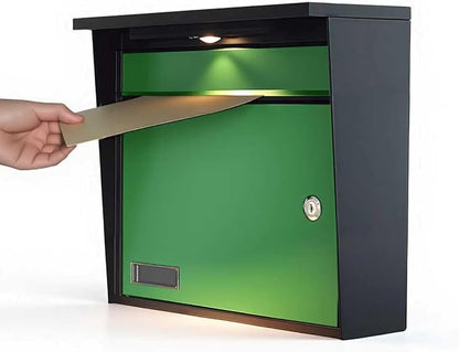 Solar Wall Mount Mailbox for Outside - Auto LED Light at Dusk, Large Locking Mail Box (13 x 3.7 x 12.2 Inches) with Key, Secure Metal Mailboxes for House Outside, Waterproof & Rust-Proof