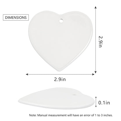 MAIKESUB 10 PCS Sublimation Blank Ceramic Ornament Heart Shaped Ornament 2.9 Inch White Heart Shapet with red String for Crafting Christmas Tree Decor for DIY Personalized Home Decor Bulk