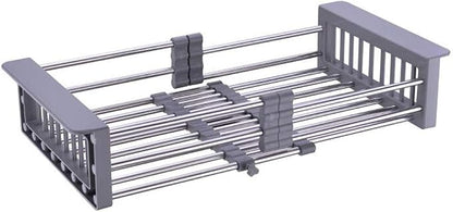 Dish Drying Rack, Stainless Steel Dish Drainer with Adjustable Arms Holder Functional Kitchen Sink Organizer for Vegetable and Fruit, Gray Large
