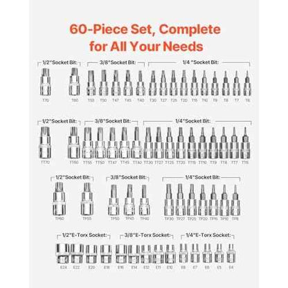 VEVOR Torx Bit Socket and External Torx Socket Set, 60-Piece T6-T70, TT6-TT70, TP8-TP60, E4-E24, S2 Alloy Steel and Cr-V Steel, 1/4 in, 3/8 in, and 1/2 in Drives, with Enhanced Storage Case, Hand Use