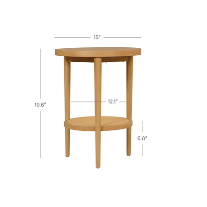 Nathan James Sonia Boho Round Accent End Table, Natural Sofa Side Table in Light Wood with Rattan Storage Shelf for Living Room, Bedroom or Nursery, Light Brown