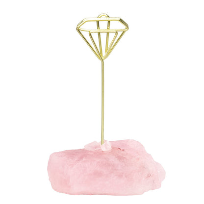 mookaitedecor Natural Rose Quartz Raw Crystal Table Card Holder, Wedding Table Name Card Holders Clips Picture Memo Note Photo Stand, Diamond Shape