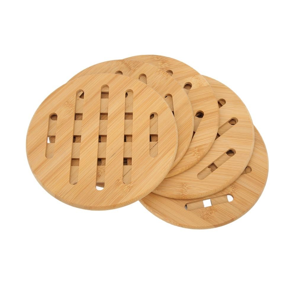 Anu Limen 5 Pcs Wooden Trivet Set - Heat Proof Hot Pads for Pots and Bowls, Non-Slip Insulation Mats for Kitchen Table Protection(Round)