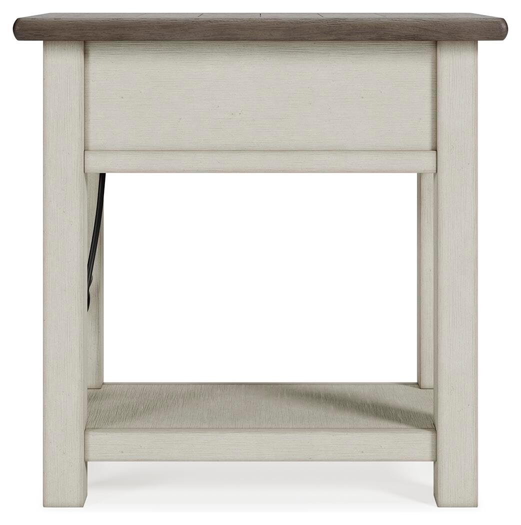 Signature Design by Ashley Bolanburg Chairside End Table With Charging Station, Two-Tone Wood Accent Table With Drawer Storage, Plank Top Design for Living Room or Bedroom, Antique White