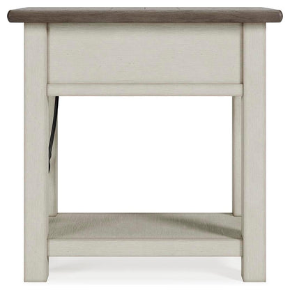 Signature Design by Ashley Bolanburg Chairside End Table With Charging Station, Two-Tone Wood Accent Table With Drawer Storage, Plank Top Design for Living Room or Bedroom, Antique White