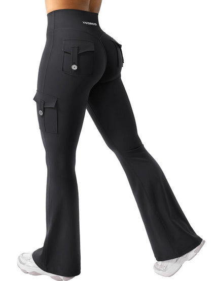 YEOREO CoreFlex Women Workout Flare Leggings with Pockets Hidden Scrunch High Waisted Cargo Gym Yoga Leggings Black XL