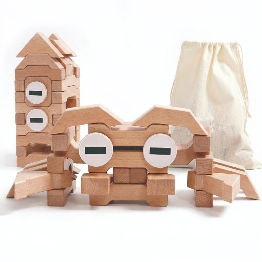 Sing2sky 31 Beech Wood Stacking Building Blocks for Kids Montessori Open-Ended Toys Wooden Shaped Stacking Puzzle, Gift Toy for Toddlers, Compatible with Wooden Blocks, Storage Bag - Natural 4.4IN