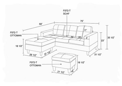 UOCFYK 3-Piece Faux Leather & PVC Sofa with Storage Ottoman with Lounge Chaise (2 Ottomans) Set, Sectional Couch Sofa Set for Living Room, Office, Small Space, Brown and Grey