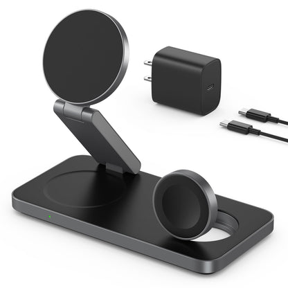 VBA 3 in 1 Wireless Charging Station for Apple MagSafe Charger,Foldable Fast Charging Magnetic Wireless Charger Stand,Travel Charger for iPhone 17 Air 16 15 14 13 12,Apple Watch,AirPods (Black)