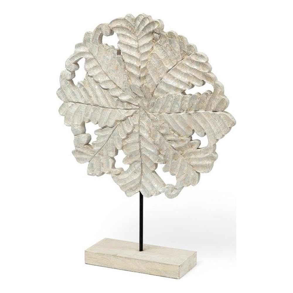 Pemberly Row Coastal Decorative Object, Light Brown Wood with Silver Accents, Matte Black Pedestal Base, Botanical-Inspired Design, 16"Lx4"Wx22.2"H, Elegant Accent for Home Decor Mantel or Side Table