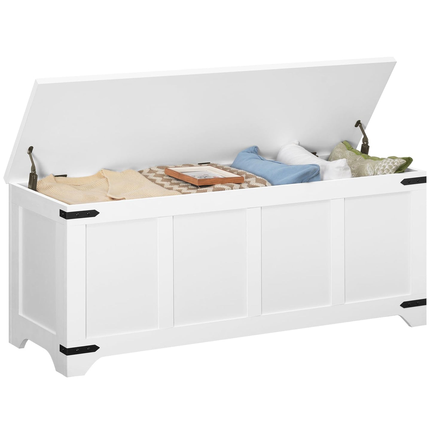 MAHANCRIS 47.2" Storage Chest, Wooden Storage Bench with 2 Safety Hinges, Entryway Shoe Bench with Flip-Top, Storage Trunk for Living Room, Bedroom, Entryway, White SCBW4901