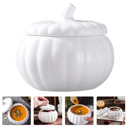 BESTonZON Ceramic Pumpkin Soup Bowl with Lid 4.13 Inch Covered Stew Soup Bowl Porcelain Serving Dish for Pumpkin Desserts and Stews Kitchen Dinnerware