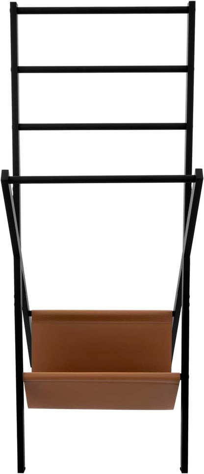 MyGift Blanket Ladder, Freestanding Blanket and Towel Rack with 4 Crossbars and Tan Leatherette Magazine Storage Holder – Modern Metal Floor Living Room or Bathroom Organizer Stand