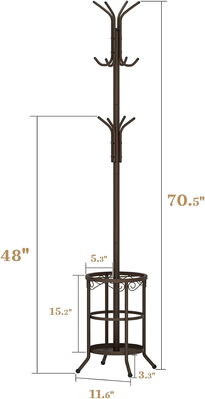 Coat Rack Freestanding With Umbrella Holder – Metal Hall Tree with 12 Hooks, Entryway Organizer for Hats, Bags, and Clothes (Brown)