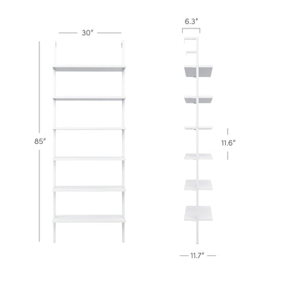 Nathan James Theo 6-Shelf Tall Modern Bookshelf, Wall Mount Ladder Shelf Bookcase with Wood and Industrial Metal Frame, Matte White