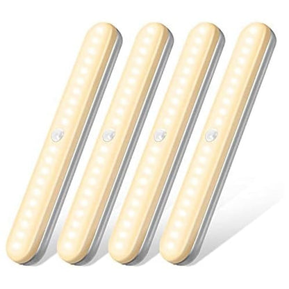 OUSFOT Cabinet Lighting 4 Pieces 20 LEDs Wireless Under Cabinet Light with Motion Sensor USB Rechargeable Battery Wardrobe Lighting Warm White Stick on for Cabinets, Stairs, Kitchen