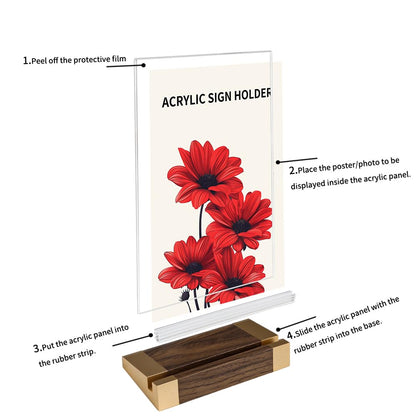 LIANHELILAI Acrylic Sign Holder 8.5 x 11 Inch with Wood-Color Base, Stable Tabletop Display Frame for Menu Flyer Photo, Clear Vertical Stand for Restaurant/Hotel/Office/ Exhibition – Easy Use, 2 Pack