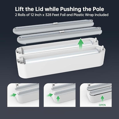 Magnetic Wrap Dispenser with Cutter - 3-in-1 Kitchen Organization and Storage for Plastic Wrap, Aluminum Foil & Paper Towel Holder | Strong Magnet Fridge & Wall Mount (Includes Wrap & Foil)