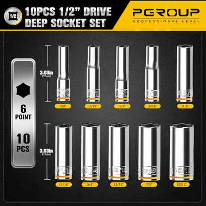 10PCS 1/2¡± Drive Deep Socket Set, SAE (3/8"-15/16"), 6-Point, Cr-V Steel, Chrome Plated Socket With Hanging Bracket, Cover Most Commonly Sizes