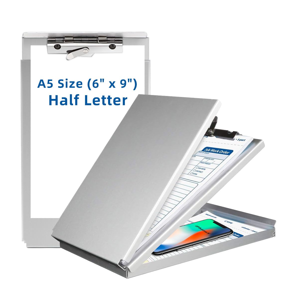 Sunnyclip Aluminum Clipboard with Storage(Memo Size), Recycled Metal Form Holder Binder Fits Paper Size up to 5.66 x 9.5 inches, A5 Size