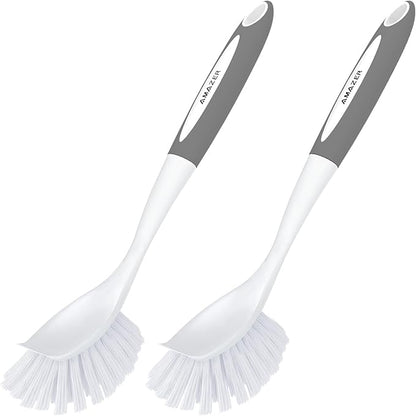 Amazer Dish Brush with Handle, 2 Pack Kitchen Scrub Brushes for Cleaning, Dish Scrubber with Stiff Bristles for Sink, Pots, Pans (Grey+Grey)