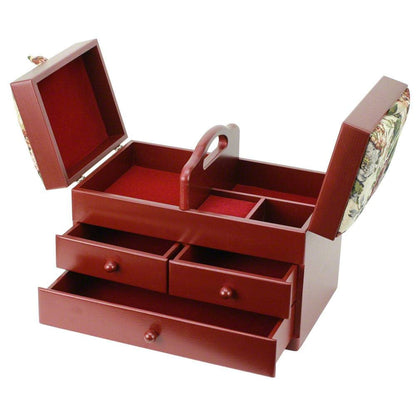 Classic Expanding Wood Sewing Box Basket Storage Caddy with tapestry padded lid, 2x3 Tiers with Easy Carrying Handle, Red