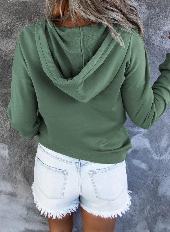 Dokotoo Hoodies for Women Early Fall Fashion Drawstring V Neck Long Sleeve Front Button Collar Hooded Pullover Hoodie with Pockets Winter Sweatshirt Loose Fit Casual Ladies Shirt Tops Green X-Large