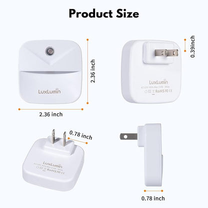 LuxLumin LED Night Lights Plug into Wall with Dusk-to-Dawn Sensor, Automatically Turn on and Off,Night Light for Kids,Bedroom,Bathroom,Stairs, White, 6 Packs