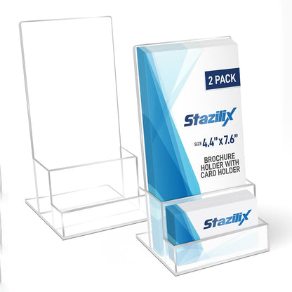 Stazilix 2 Pack Acrylic Brochure Holder Stand 4‘’, Clear brochure and business Rack Card Holder Stand, Plastic Flyer Display Stand for Magazine, Pamphlet, Booklets, Menu, Journals, Business Card