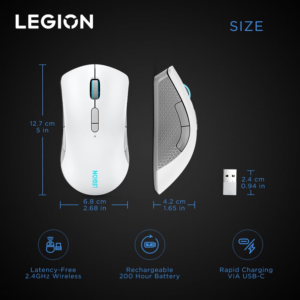 Lenovo Legion M410 Wireless RGB Gaming Mouse – 6 Button Palm Grip Mouse with 16,000 DPI, 53 Hour Rechargeable Battery, 2-Zone RGB Lighting, NVIDIA Reflex Compatible