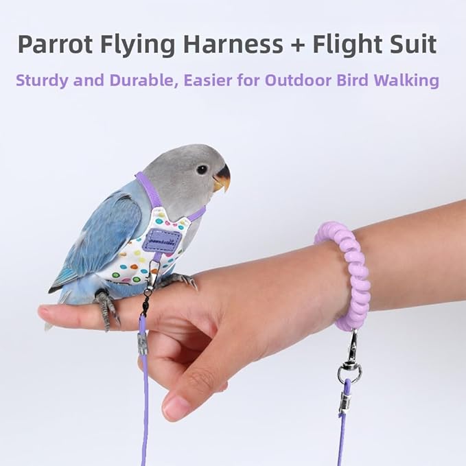 Bird Harness Leash Set Adjustable Vest Anti-Lost Wrist Strap for Parakeet Cockatiel Conure Lovebird (Purple, Sun Conure: 5.5 * 10cm / 5g)
