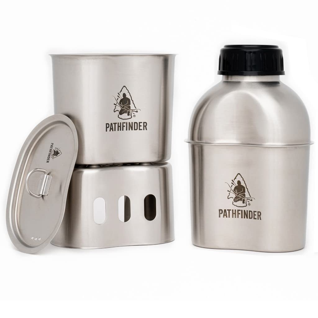 The Pathfinder School Metal Canteen Cooking Set - Survival Gear - Camping Essentials Mess Kit - Military Grade Outdoor Eating Kit - Hiking and Trail Cook Set