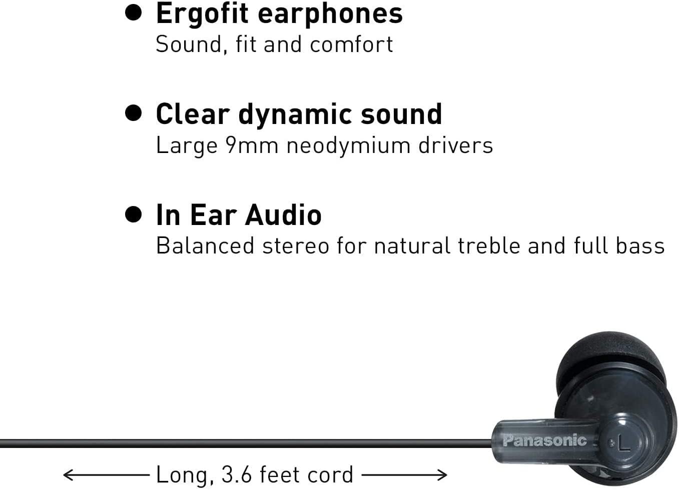 Panasonic ErgoFit Wired Earbuds, 3.5mm Jack Wired Headphones with Dynamic Crystal-Clear Sound and Ultra Soft Ergonomic Custom-Fit Earpieces (S/M/L), for Phones and Laptops, RP-HJE120-K (Black)