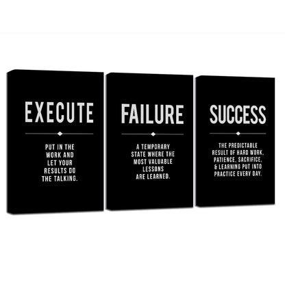 Framed Canvas Wall Art Success Quote For Office, Black Large Positive Motivational Poster, Set of 3, Execute Failure Definition, Inspirational Print (A-3pcs,12x16inchx3pcs)