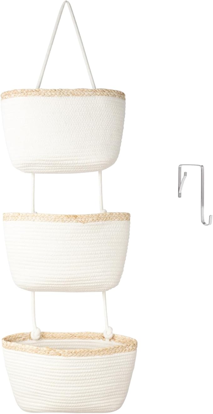 TeoKJ Over the Door Hanging Basket, 3-Tier Woven Cotton Wall-Mounted Storage