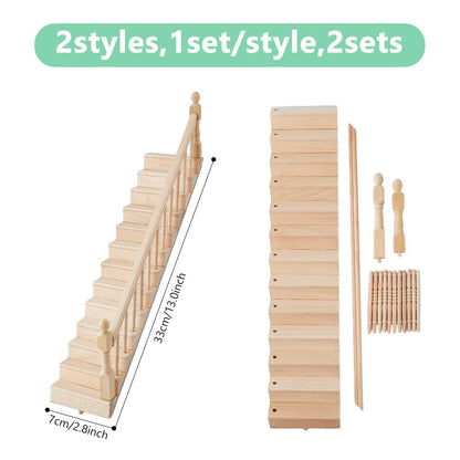 DICOSMETIC 2 Sets 2 Styles Miniature Dollhouse Stairs 1:12 Scale Wooden Stairs Miniature Ornaments with Single Left Right Handrail Dollhouse Furniture Model for Scene Landscape Decor