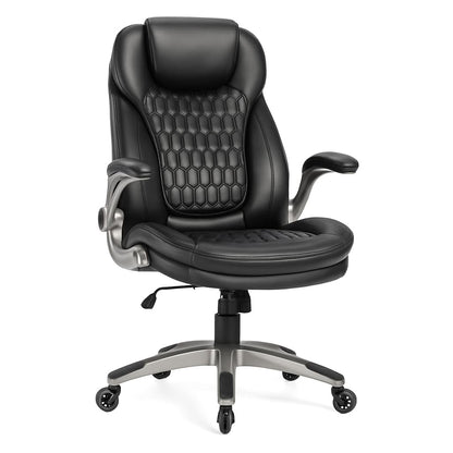 Ergonomic Executive Office Chair, High Back Leather Desk Chair with Flip-up Arms and Adjustable Height, Swivel Rolling Computer Chair with Heavy Duty Metal Base,300lbs,Black for Home Office or Study
