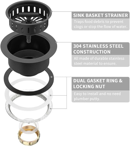 KONE Black Kitchen Sink Drain Matte Black Sink Strainer 3-1/2 Inch Drain