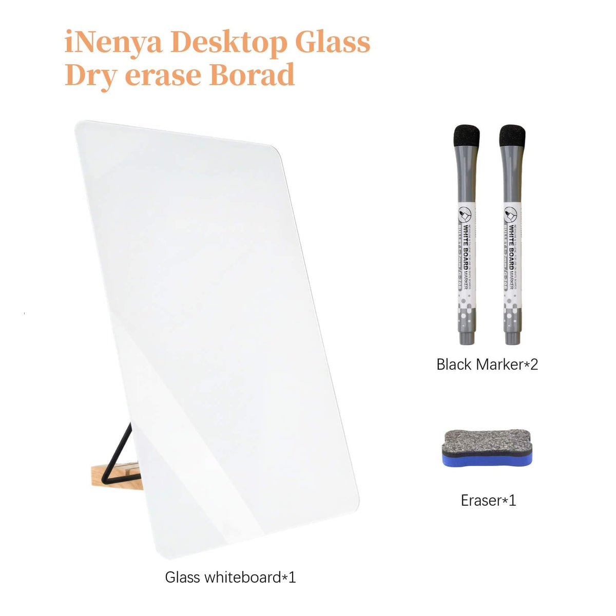 iNenya Glass White Board with Stand,Magnetic Mini Dry Erase Board for Desk,Small Desktop Whiteboard with Solid Wood Bracket