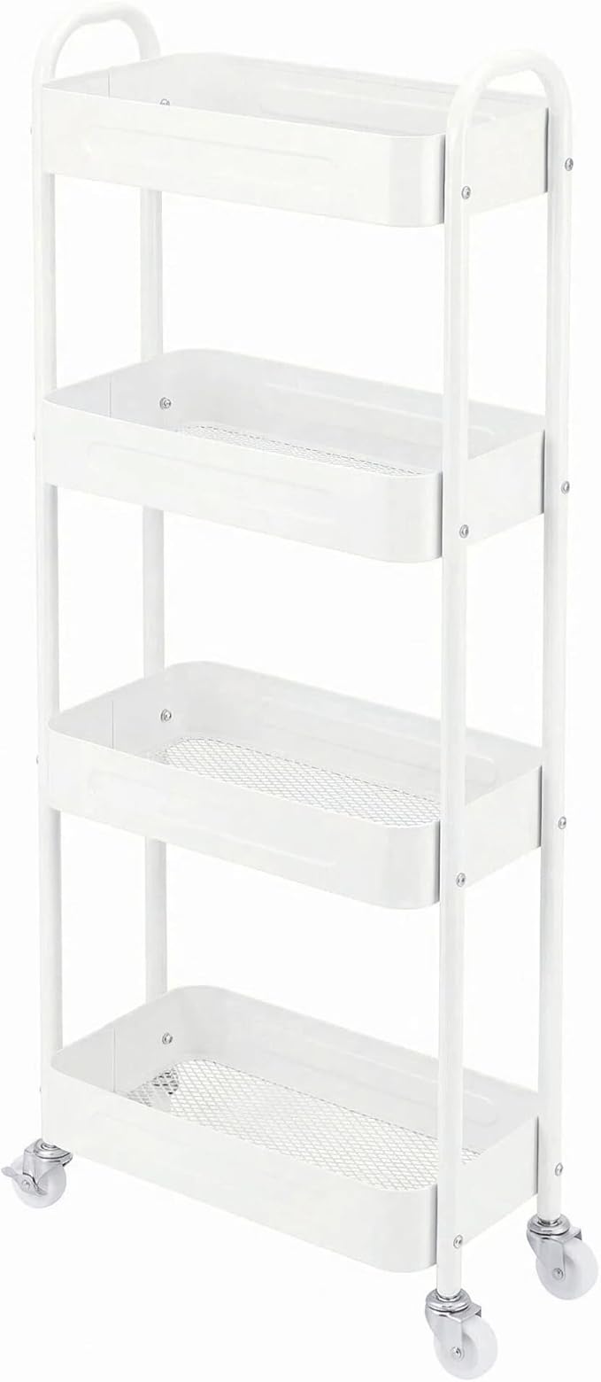 4 Tier Slim Kitchen Storage Cart for Narrow Space, 7.1'' Wide Metal Rolling cart with Wheels and Lockable Casters, Sturdy Mobile Thin Shelf for Laundry Room Between Washer and Dryer, White