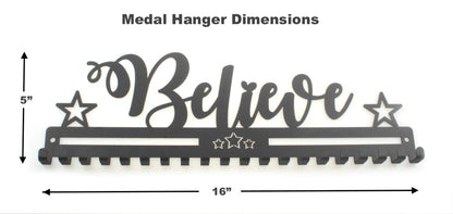 URBN BY MODERN HOME FINISHINGS 16" Metal Wall Mount 'Believe' Kids & Adults Sports Medal Hanger, Ribbon Display Holder Rack Medal Wall Hanger with Hooks, Simple Install, Great Gift (Black)