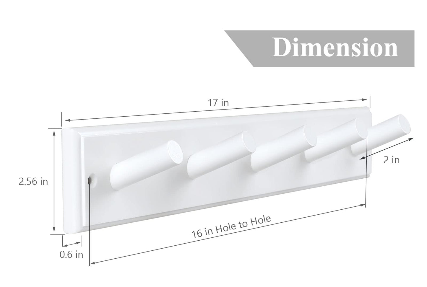horkmous Wood Coat Rack Wall Mounted, 16'' Hole to Hole Wooden Peg Rail for Wall Hangers, 5 Pegs Bamboo Wall Hook for Hanging Towels Hats Robes Clothes Keys, White