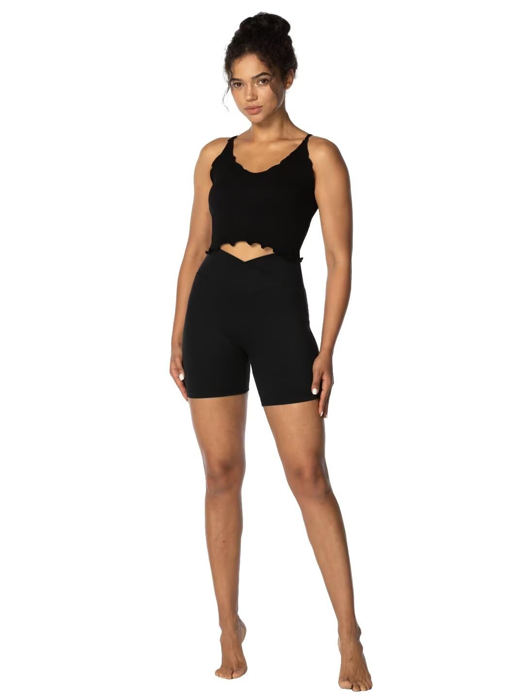 Sunzel Sunzfly Crossover Biker Shorts for Women, V Criss Cross High Waist Yoga Workout Gym Shorts with Tummy Control 6" Inseam Black Large
