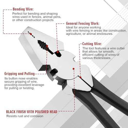 10'' Button Fence Pliers for Bending Cutting and Gripping Flat Nose Wire Cutter Plier for Construction and Wire Fencing Resists Rust and Corrosion