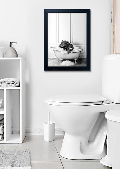 Bathroom Picture Wall Decor, Framed Black and White Bathroom Wall Art, Toilet Paper in Little Funny Raccoon's Hand Animal Canvas Print Painting