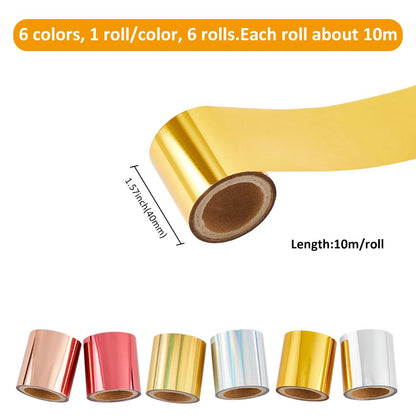 SUPERFINDINGS 6 Rolls 6 Colors Total 60m PET Hot Foil Transfer Roll Hot Foil Stamping Paper 4cm Width Heat Transfer Foil Elegance Craft Paper, 10m/Roll