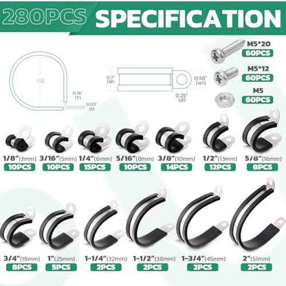 280PCS Cable Clamps with Screws Assortment Kit 304 Stainless Steel Rubber Cushioned Insulated Wire Pipe Clamps 13 Sizes?1/8" 3/16" 1/4" 5/16" 3/8" 1/2" 5/8" 3/4" 1" 1-1/4" 1-1/2" 1-3/4" 2¡±